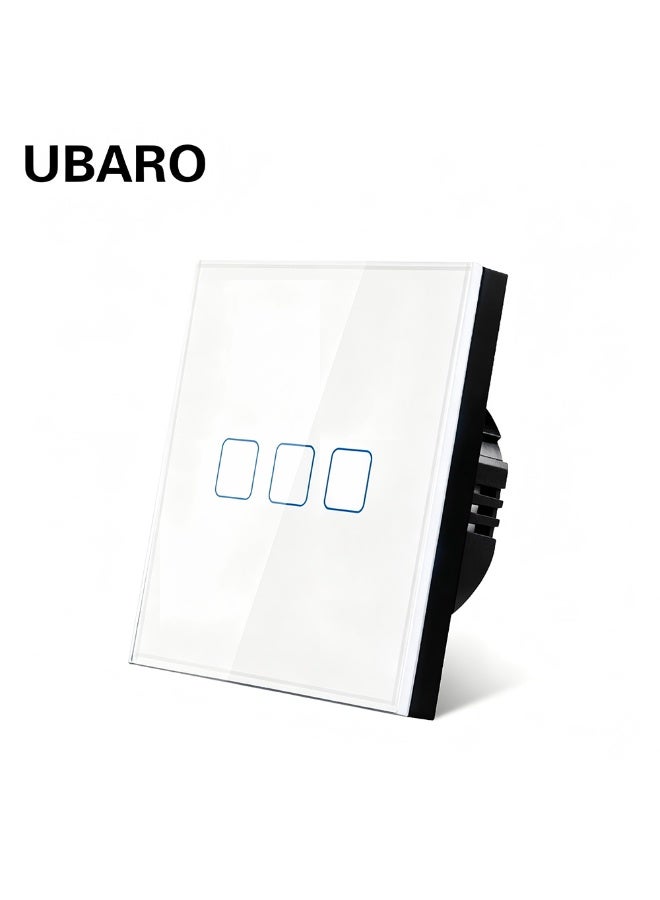UBARO 3 Gang Touch Wall Switch，86 Type Tempered Glass Touch Light Switch, Single Fire Wire Single Control Square Touch Sensor Wall Switch - Image 1
