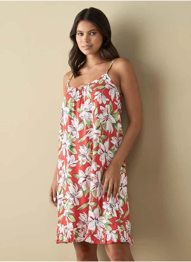 فاف All-Over Floral Print Strappy Midi Slip Dress with Frill Hem