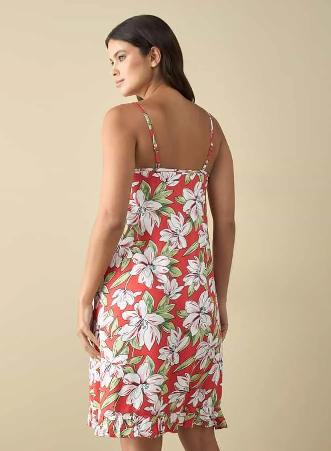 Splash FAV All-Over Floral Print Strappy Midi Slip Dress with Frill Hem