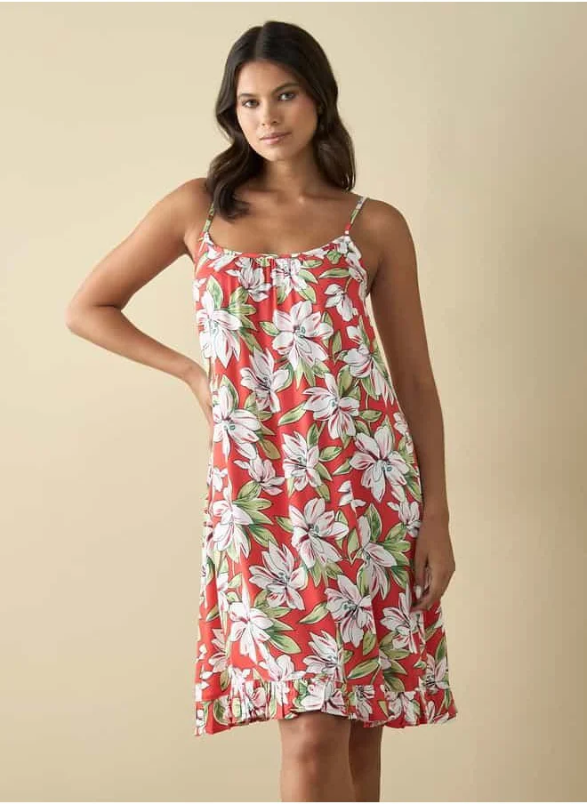 فاف All-Over Floral Print Strappy Midi Slip Dress with Frill Hem