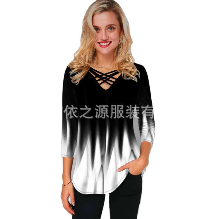 2021 ebay AliExpress wish cross-border supply casual temperament pullover V-neck loose women's T-shirt green M - Image 3