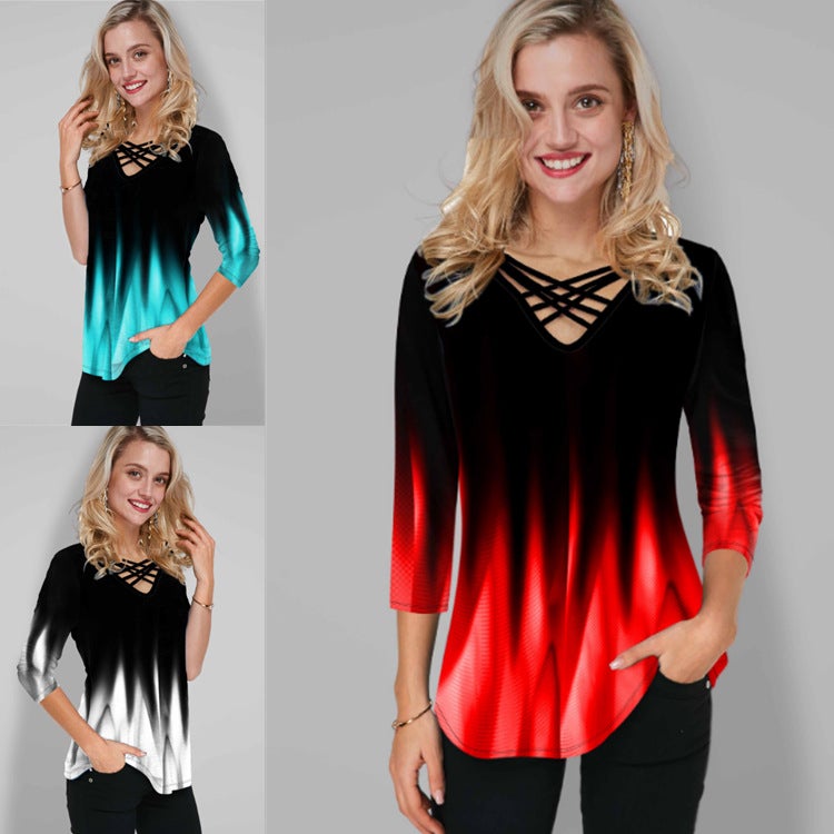 2021 ebay AliExpress wish cross-border supply casual temperament pullover V-neck loose women's T-shirt green M - Image 4