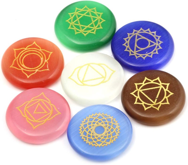 7 Chakra Healing Stone Set, Engraved Round Flat Pocket Stones Reiki Cat's Eye Stones Set of 7 Gift Christmas Birthday Gift