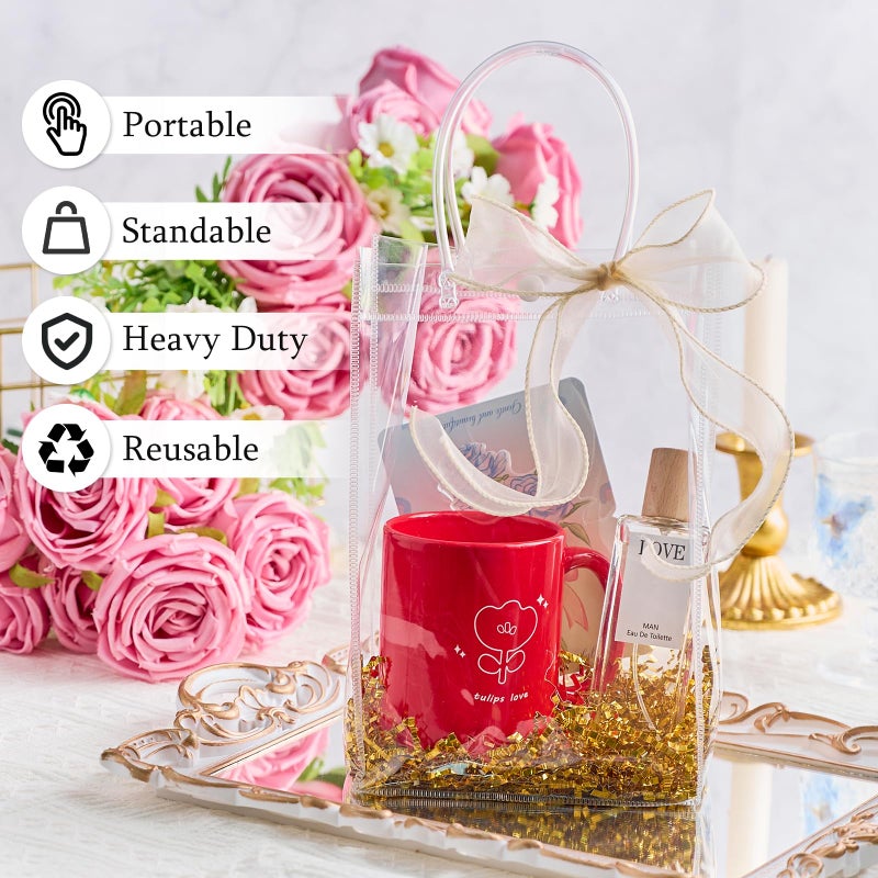 Ohuimrt 20 PCS Clear Plastic Gift Bags with Handles, 6.3 x 9.84 x 3.15 Inches Reusable Party Favor Bags with Ribbon Transparent Gift Wrap Bags Bulk for Weddings Birthdays - Image 4
