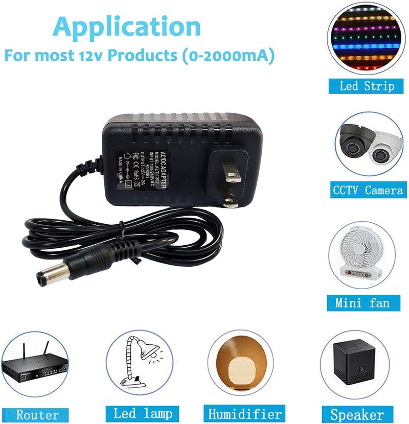 N.C 12 Volt 2A Power Adapter Supply, AC 100-240V to DC 12 V Power Supply Transformer Charger Wall Plug for DC12V Light Security CCTV Camera, Black, 8x5x3.3 cm - Image 5