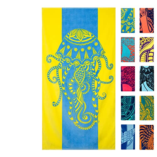 Nova Blue Jellyfish Beach Towel – Tropical Blue & Yellow Colors with A Unique Design, Extra Large, XL (34”x 63”) Made from 100% Cotton - Image 1