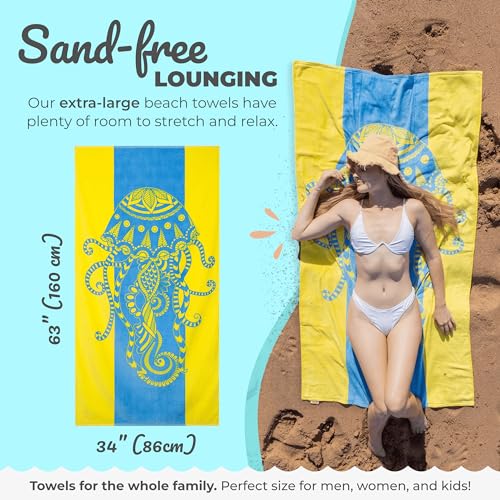 Nova Blue Jellyfish Beach Towel – Tropical Blue & Yellow Colors with A Unique Design, Extra Large, XL (34”x 63”) Made from 100% Cotton - Image 3