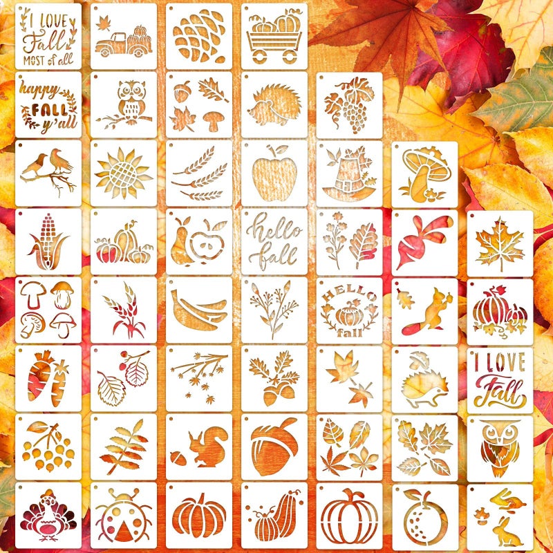 CH HAICHENG 50 PCS Fall Painting Stencils Reusable Fall Stencils for Painting on Wood Rocks Canvas Fabric Glass Pottery 4x4 Inch