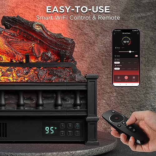 TURBRO Eternal Flame 26 in. WiFi Infrared Quartz Electric Fireplace Log Heater with Sound Crackling, Realistic Lemonwood Logs, Adjustable Flame Colors, Remote Control, Thermostat, Timer, 1500W Black - Image 4