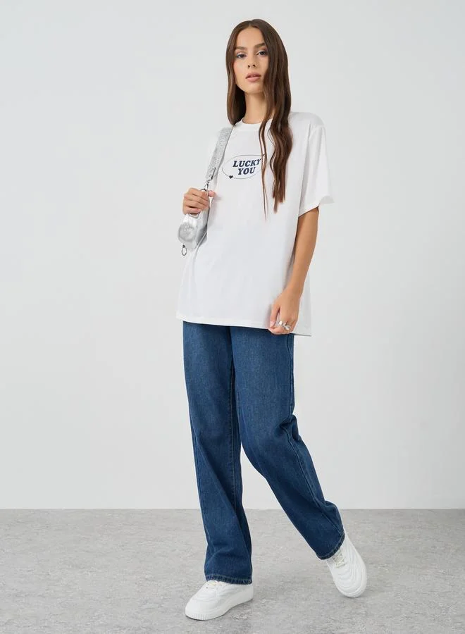 تايك تو Take Two Slogan Print Oversized T-Shirt