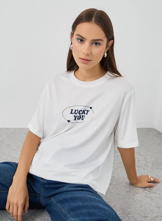 تايك تو Take Two Slogan Print Oversized T-Shirt