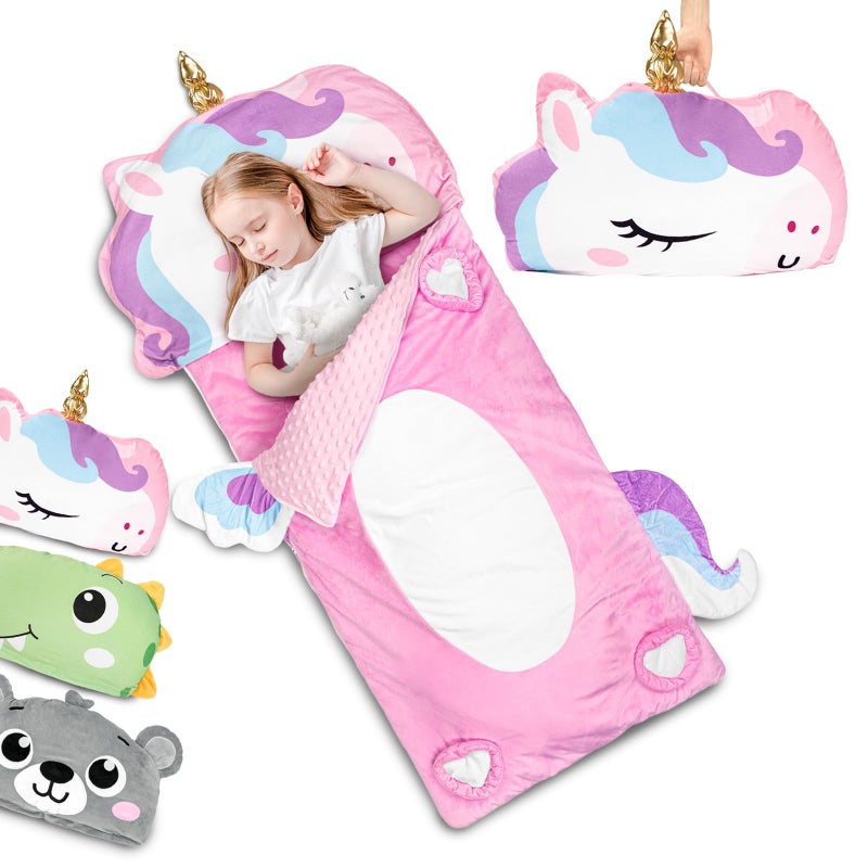 Primlect Kids Sleeping Bag with Pillow, Plush Animal Toddler Nap Mat for Preschool, Sleepovers, and Travel, Perfect for Boys and Girls, Pink - Image 1