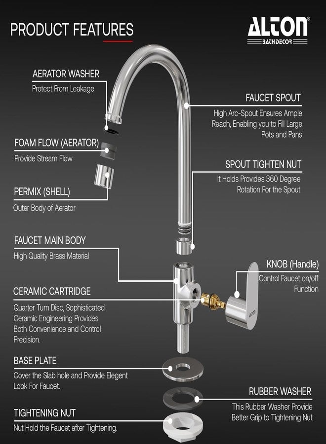 ALTON EVA6550-JL, Swan Neck with 360 Degree Swivel Spout | Kitchen Sink Tap | Kitchen Faucet | Tap for Kitchen Sink | Taps | Wash Basin Tap | Pillar Tap - Image 2
