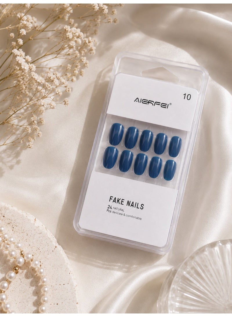 AIERFEI Premium Royal Blue Glossy Press On Nails – 24 Pcs Reusable Fake Nails Set for Women, Short Oval Full Cover Artificial Nails with Comfortable Fit for Daily Wear & Parties - Image 3