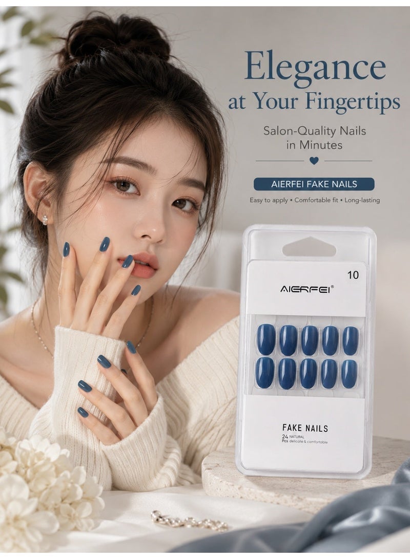 AIERFEI Premium Royal Blue Glossy Press On Nails – 24 Pcs Reusable Fake Nails Set for Women, Short Oval Full Cover Artificial Nails with Comfortable Fit for Daily Wear & Parties - Image 2