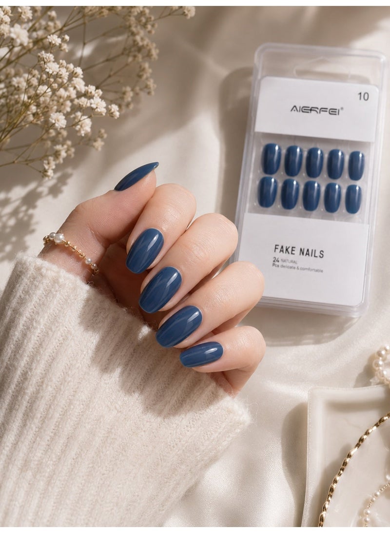 AIERFEI Premium Royal Blue Glossy Press On Nails – 24 Pcs Reusable Fake Nails Set for Women, Short Oval Full Cover Artificial Nails with Comfortable Fit for Daily Wear & Parties - Image 1