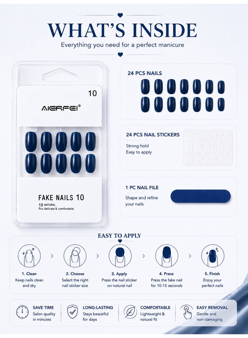 AIERFEI Premium Royal Blue Glossy Press On Nails – 24 Pcs Reusable Fake Nails Set for Women, Short Oval Full Cover Artificial Nails with Comfortable Fit for Daily Wear & Parties - Image 4