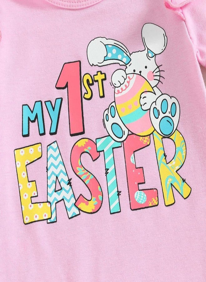 wybzd Newborn Baby Girl Easter Outfit Short Sleeve Bunny Romper Top Bell-Bottom Pants Sets 1ST Easter Onesie Clothes Pink 1ST Easter 0-3 Months - Image 3