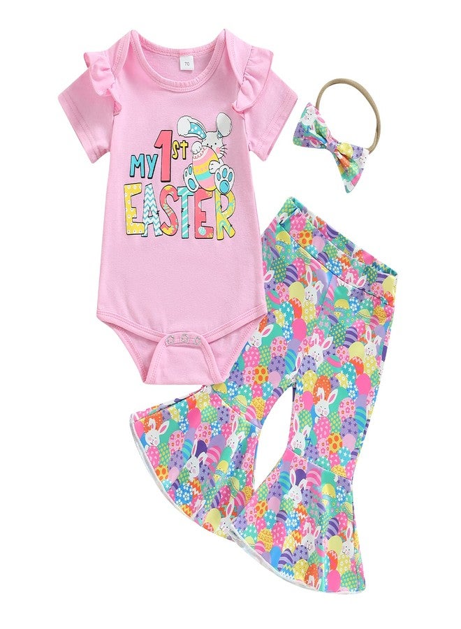 wybzd Newborn Baby Girl Easter Outfit Short Sleeve Bunny Romper Top Bell-Bottom Pants Sets 1ST Easter Onesie Clothes Pink 1ST Easter 0-3 Months - Image 1