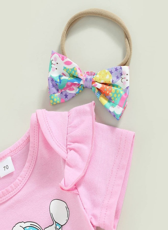 wybzd Newborn Baby Girl Easter Outfit Short Sleeve Bunny Romper Top Bell-Bottom Pants Sets 1ST Easter Onesie Clothes Pink 1ST Easter 0-3 Months - Image 2