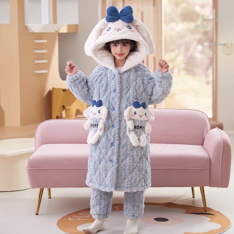 Children'S Pajamas, Coral Velvet Pajamas, Quilted And Thickened, Girls' Flannel Bathrobes, Mid-Length Home Clothes - Image 5
