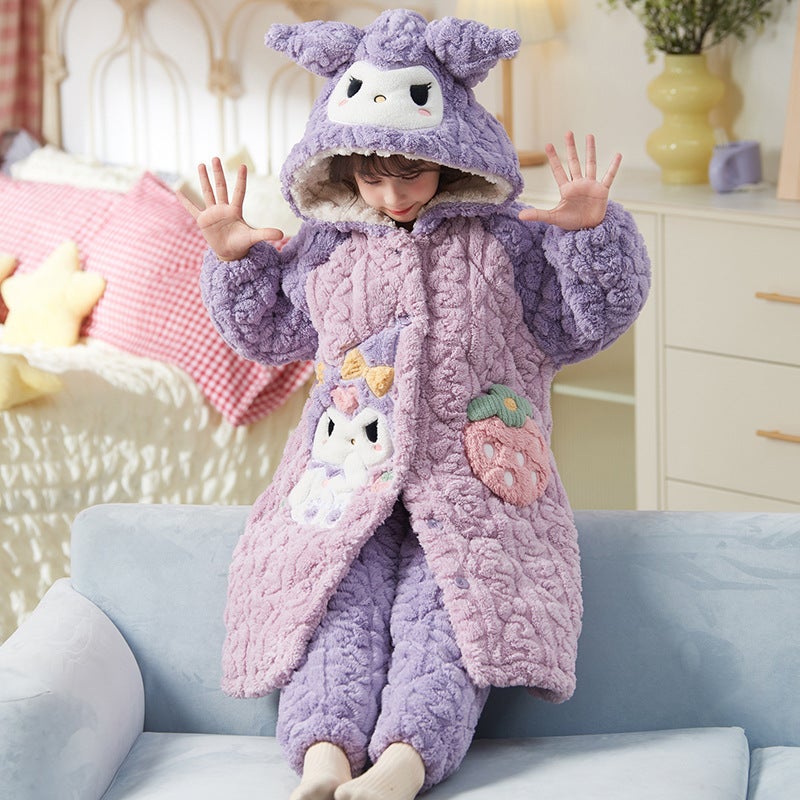Children'S Pajamas, Coral Velvet Pajamas, Quilted And Thickened, Girls' Flannel Bathrobes, Mid-Length Home Clothes - Image 1