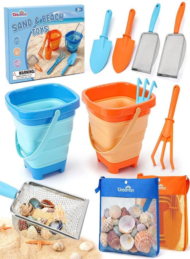 Dreamon Beach Toys, 2 Packs Travel Sand Toys for Kids Ages 4-8 | 10 PCS Sandcastle Building Kit with Collapsible Bucket, Mesh Bag, Sand Sifter, Shovel & Rake, Beach Essentials for Kids - Image 1