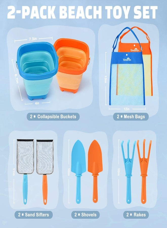Dreamon Beach Toys, 2 Packs Travel Sand Toys for Kids Ages 4-8 | 10 PCS Sandcastle Building Kit with Collapsible Bucket, Mesh Bag, Sand Sifter, Shovel & Rake, Beach Essentials for Kids - Image 4