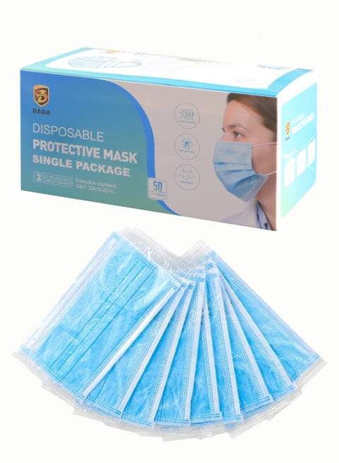 3 Layer Protective Disposable Single Wrapped Blue Face Masks, Flat And High Elastic Ear Loops, 50 Pcs/box, Each Mask Individually Wrapped