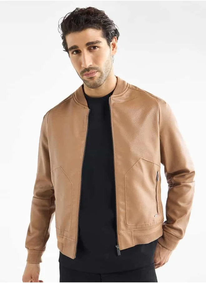 FAV Textured Bomber Jacket with Zip Closure and Pockets