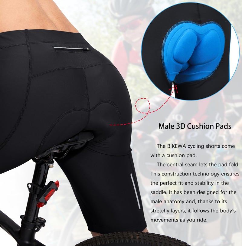 Bikewa شورتات دراجة للرجال مع وسادة 3D داخلية للدراجات الهوائية، شورتات دراجة على الطريق، دراجات جبلية، شورتات UPF 50+ مع جيوب بسحاب، أسود، متوسط - Image 4