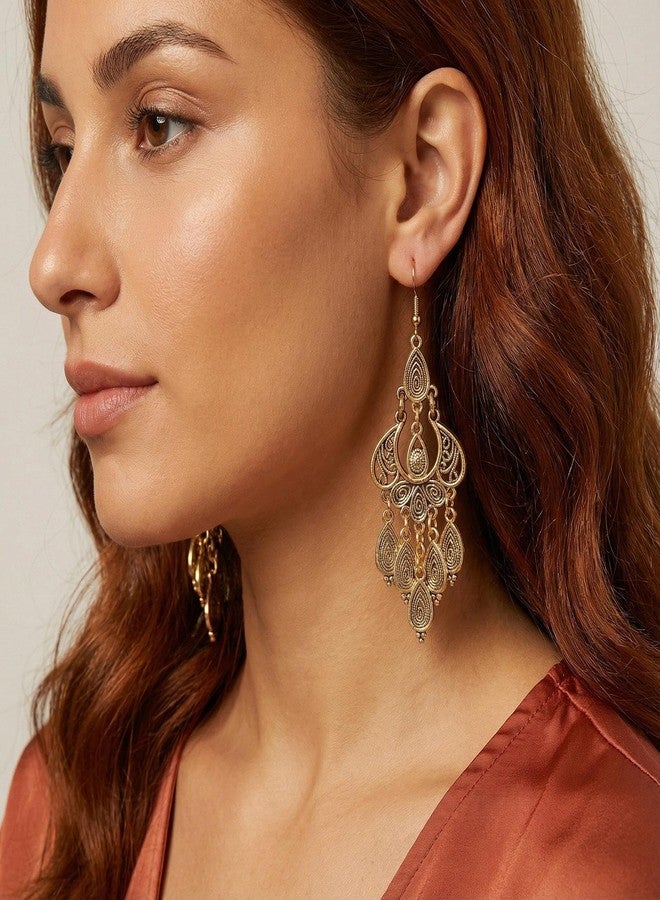 Coiris Chandelier Earrings for Women Unique Filigree Bohemian Vintage Bronze Gold Teardrop Dangle Earrings Jewelry Gift for Her, Stainless Steel, No Gemstone - Image 2