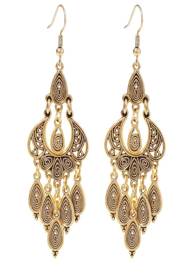 Coiris Chandelier Earrings for Women Unique Filigree Bohemian Vintage Bronze Gold Teardrop Dangle Earrings Jewelry Gift for Her, Stainless Steel, No Gemstone - Image 1