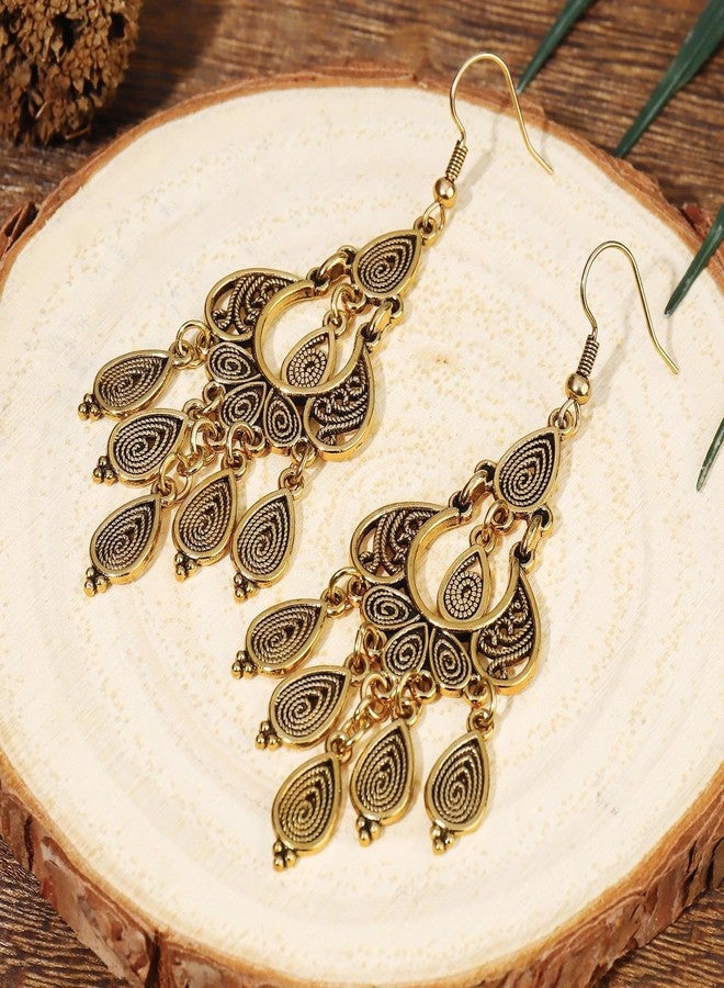 Coiris Chandelier Earrings for Women Unique Filigree Bohemian Vintage Bronze Gold Teardrop Dangle Earrings Jewelry Gift for Her, Stainless Steel, No Gemstone - Image 3