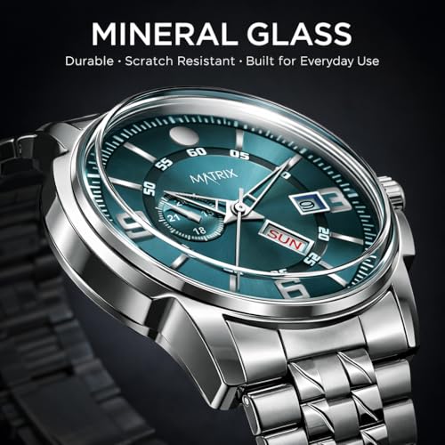 Matrix Superior Day & Date Functioning, Stainless Steel Strap Analog Watch for Men & Boys (Green) - Image 3