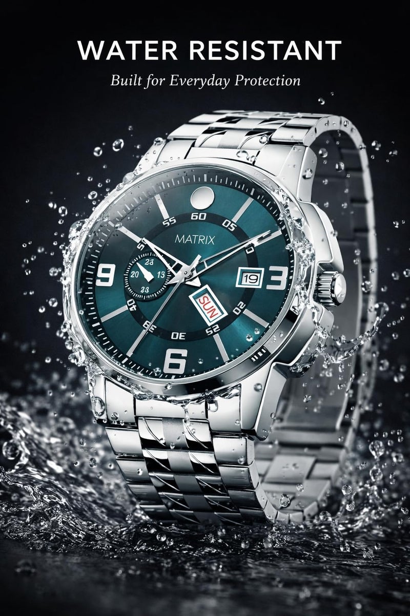 Matrix Superior Day & Date Functioning, Stainless Steel Strap Analog Watch for Men & Boys (Green) - Image 5