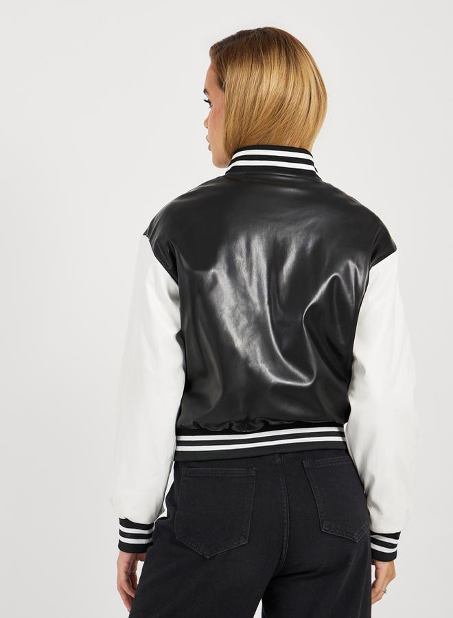 Styli Regular Fit Leather Look Varsity Bomber Jacket  - Image 5
