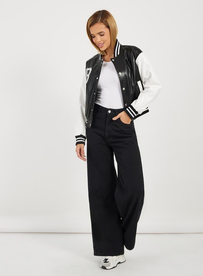 Styli Regular Fit Leather Look Varsity Bomber Jacket  - Image 2