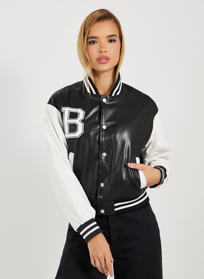 Styli Regular Fit Leather Look Varsity Bomber Jacket  - Image 3