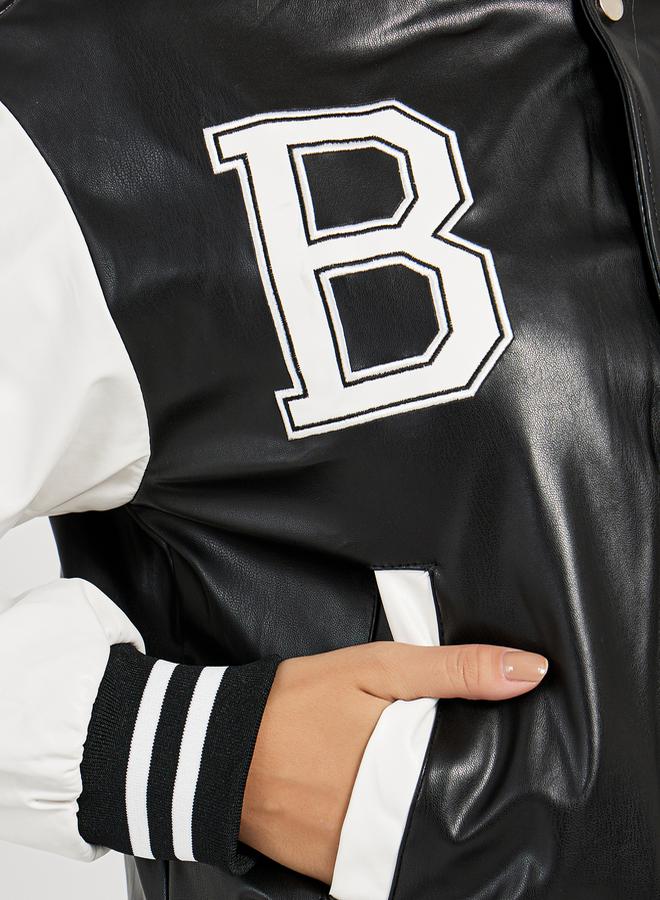 Styli Regular Fit Leather Look Varsity Bomber Jacket  - Image 4