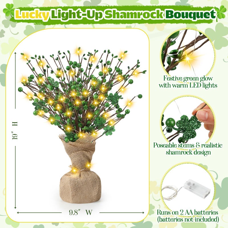 Youyole 6 Pcs St Patricks Day Decorations 16" Lighted Artificial Shamrock Berry Stems Tree, 2 Glowing Gnome Plush, 3 Wooden Blocks St. Patrick's Day Table Centerpiece Irish Green Shamrock Gift - Image 3