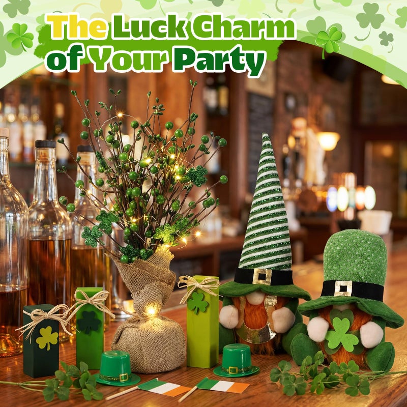 Youyole 6 Pcs St Patricks Day Decorations 16" Lighted Artificial Shamrock Berry Stems Tree, 2 Glowing Gnome Plush, 3 Wooden Blocks St. Patrick's Day Table Centerpiece Irish Green Shamrock Gift - Image 5