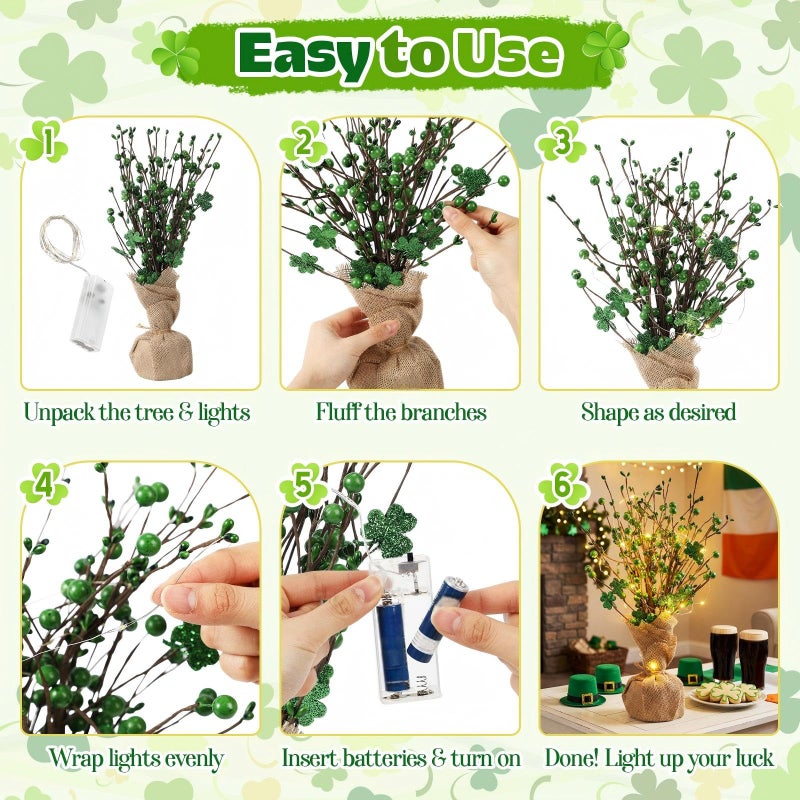Youyole 6 Pcs St Patricks Day Decorations 16" Lighted Artificial Shamrock Berry Stems Tree, 2 Glowing Gnome Plush, 3 Wooden Blocks St. Patrick's Day Table Centerpiece Irish Green Shamrock Gift - Image 4