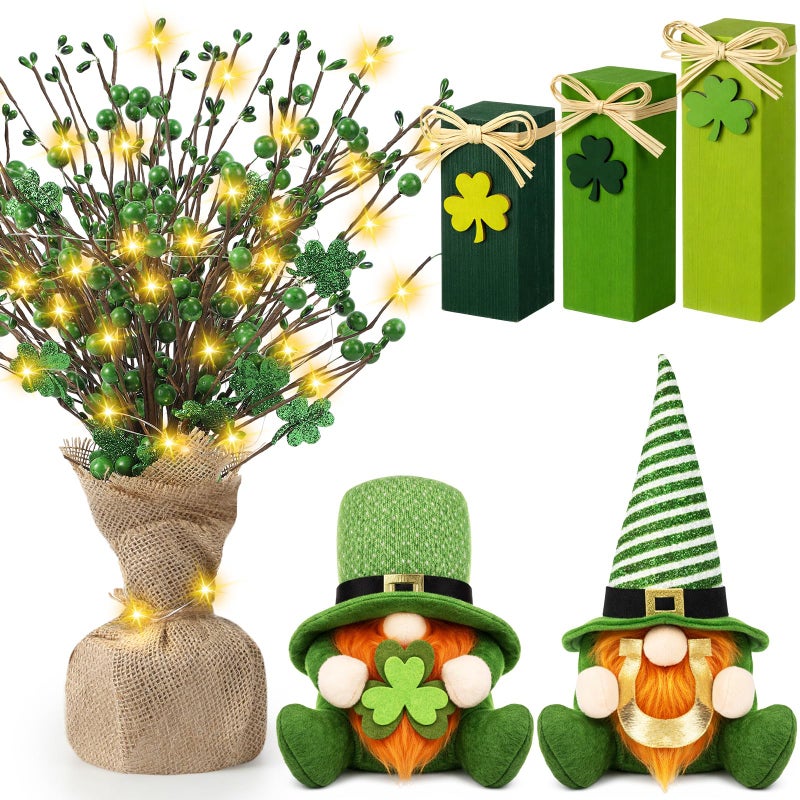 Youyole 6 Pcs St Patricks Day Decorations 16" Lighted Artificial Shamrock Berry Stems Tree, 2 Glowing Gnome Plush, 3 Wooden Blocks St. Patrick's Day Table Centerpiece Irish Green Shamrock Gift - Image 1