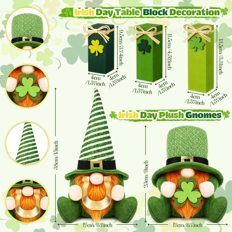 Youyole 6 Pcs St Patricks Day Decorations 16" Lighted Artificial Shamrock Berry Stems Tree, 2 Glowing Gnome Plush, 3 Wooden Blocks St. Patrick's Day Table Centerpiece Irish Green Shamrock Gift - Image 2