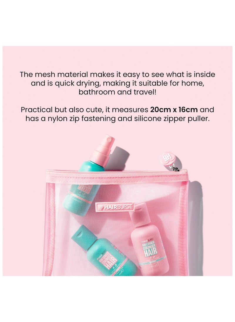 HAIR BURST - Pink Mesh Wash Bag — Travel Packing Organizers Essential, Quick-Dry Mesh Washing Bag with Nylon Zip, Silicone Puller for Beauty Products, Vitamins - 20x16cm - Image 1