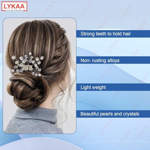LYKAA Hair Comb Clip for Women & Girls with Pearl & Crystal | Bridal Wedding Hair Accessories | Elegant Rhinestone Side Comb Pin for Bun, Juda, Party, Festive & Occasion Hairstyle | 1 Pc (Silver) - Image 4
