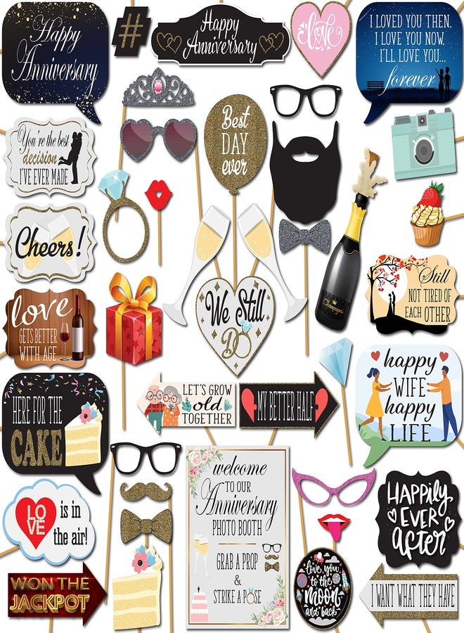 Outside The Booth Anniversary Photo Booth Props - 41-pc Photobooth Kit with 8 x 10-Inch Sign, 60 Adhesive Pads, 45 Sticks - Wedding Anniversary Photo Props - Wedding Photo Booth Props - Image 1