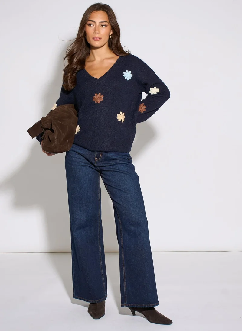 Gini London  Navy Crochet 3D Floral Knitted Jumper for Women | Best Price UAE