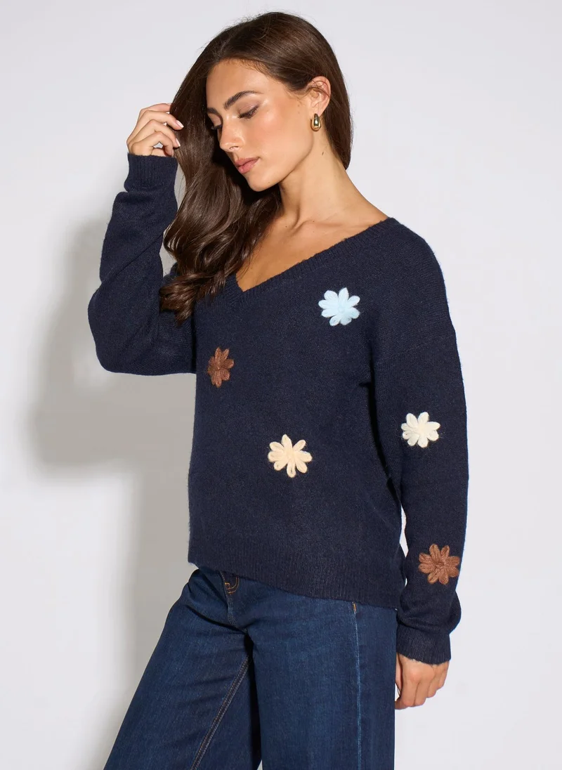 Gini London  Navy Crochet 3D Floral Knitted Jumper for Women | Best Price UAE